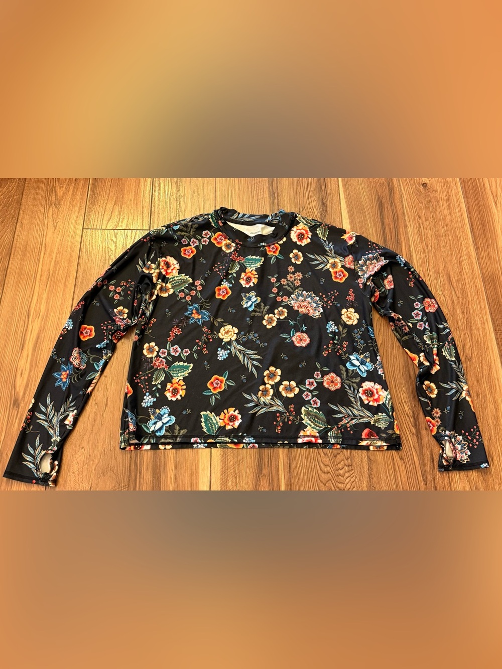 Johnny Was Black Active Top with Soft Pastel Floral Print